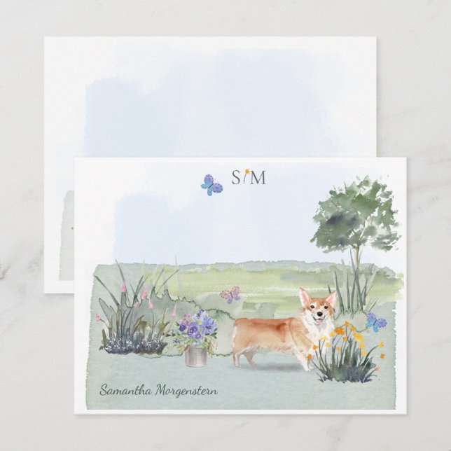 Corgi Dog Butterfly Meadow Monogram und Name Mitteilungskarte (Vorne/Hinten)