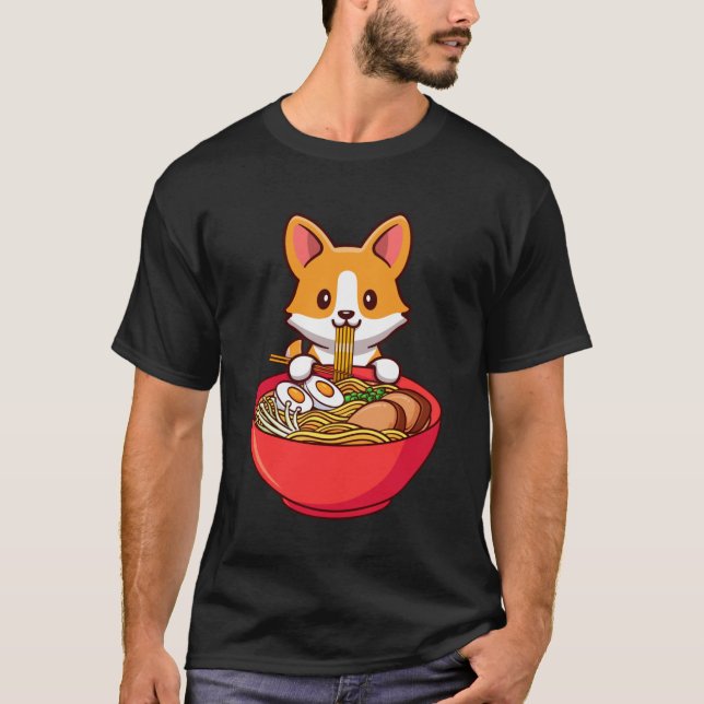 Corgi Dog Eating Ramen Niedlich Kawaii Noodles Ani T-Shirt (Vorderseite)