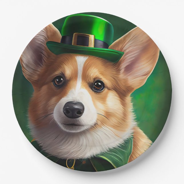 Corgi Dog in St. Patrick's Day Dress Pappteller (Vorderseite)