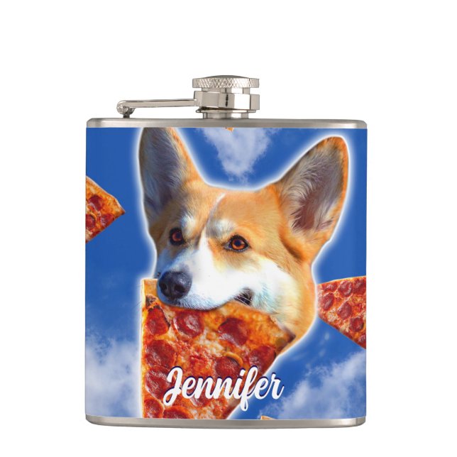 Corgi Dog Pizza essen Flachmann (Vorderseite)