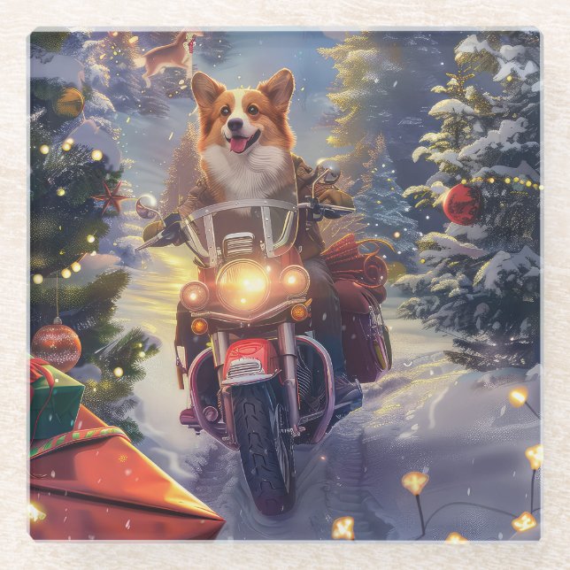 Corgi Dog Riding Motorrad Weihnachten Glasuntersetzer (Vorderseite)