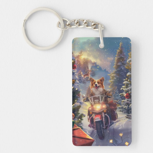 Corgi Dog Riding Motorrad Weihnachten Schlüsselanhänger (Vorderseite)