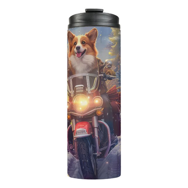 Corgi Dog Riding Motorrad Weihnachten Thermosbecher (Vorderseite)