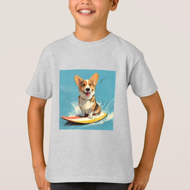 Corgi Dog Riding Surfboard T-Shirt (Vorderseite)