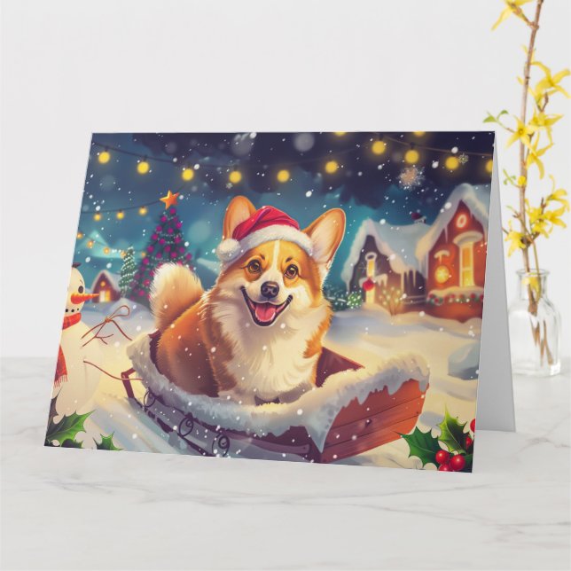 Corgi Dog Sleigh Snow Weihnachten Karte (Gelbe Blume)