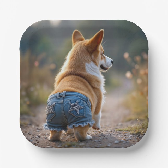 Corgi Dog Wearing Blue Jean Shorts Pappteller (Vorderseite)