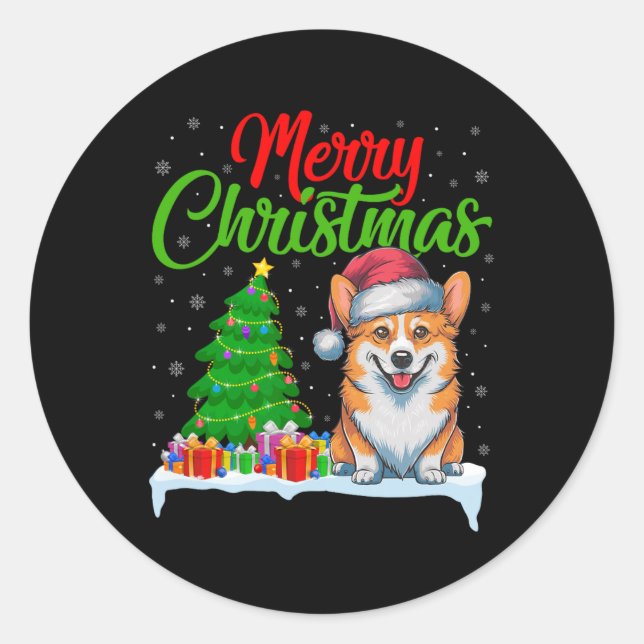 Corgi Dog Weihnachtsbaum Lichter Funny Xmas Corgi  Runder Aufkleber (Vorderseite)