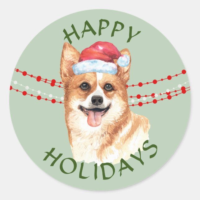 Corgi Dog Weihnachtsmannmütze Happy Holidays Runder Aufkleber (Vorderseite)