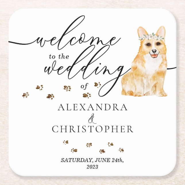 Corgi Dog Welpe Willkommen bei der Hochzeit Rechteckiger Pappuntersetzer (Vorderseite)