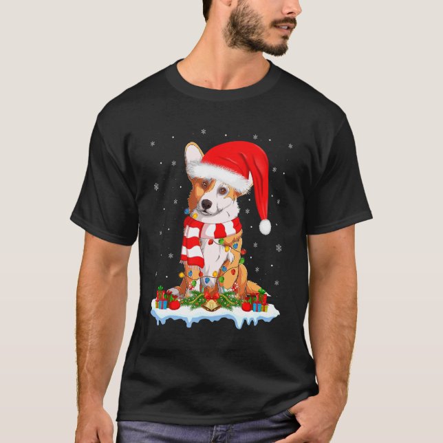 Corgi Dog Xmas Lighting Weihnachtsmannmütze Corgi  T-Shirt (Vorderseite)