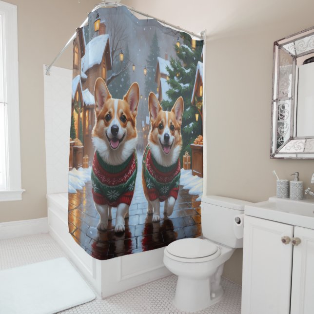 Corgi Dogs Christmas Snow Holiday Duschvorhang (Beispiel)