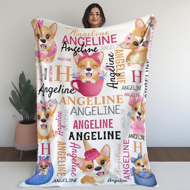 Corgi Dogs Personalisiert Name Collage Fleecedecke (Corgi Dogs Personalized Name Collage Fleece Blanket)
