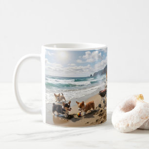 Corgi-Familie am Strand Kaffeetasse