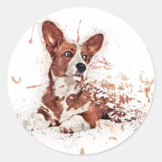 Corgi feather runder aufkleber