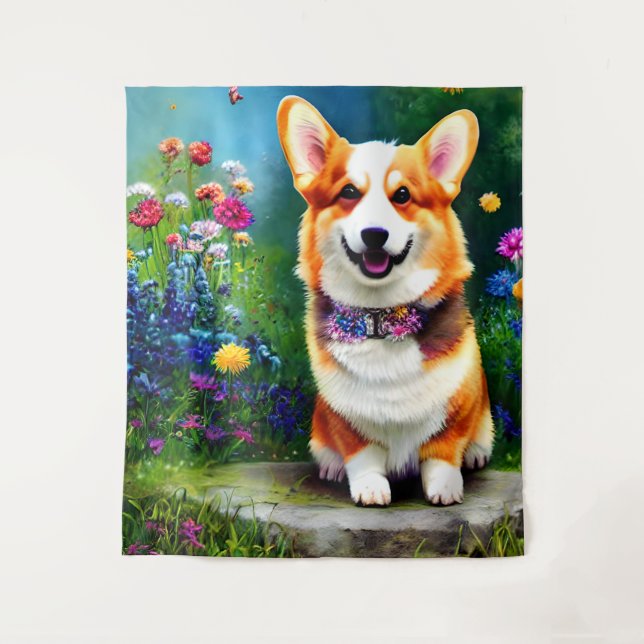 Corgi Flower Garden Wandteppich (Vorderseite)