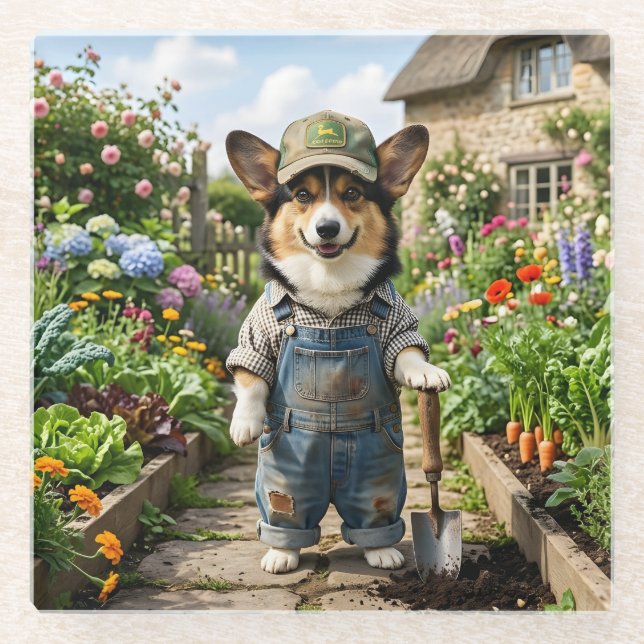 Corgi-Gärtner Glasuntersetzer (Vorderseite)