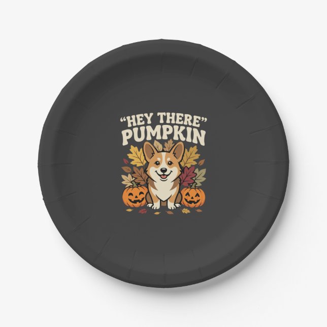 Corgi Halloween Hey There Kürbis-Design Pappteller (Vorderseite)