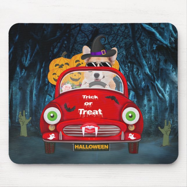 Corgi Hund Autofahren Auto Beängstigend Halloween Mousepad (Vorne)