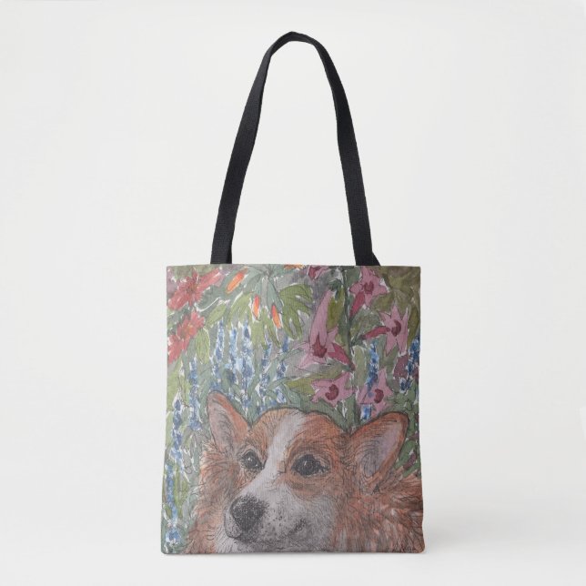 Corgi-Hund, der im Blumenbeet sich versteckt Tasche (Vorderseite)