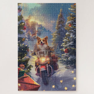 Corgi-Hund fährt Motorrad Weihnachten