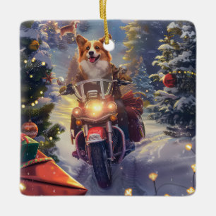 Corgi-Hund fährt Motorrad Weihnachten Keramikornament
