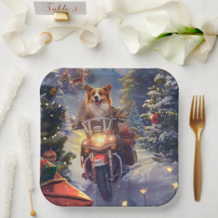 Corgi-Hund fährt Motorrad Weihnachten Pappteller