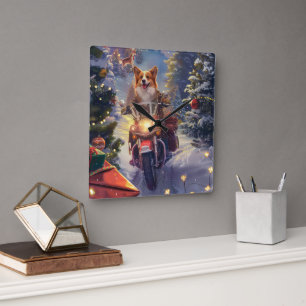 Corgi-Hund fährt Motorrad Weihnachten Quadratische Wanduhr