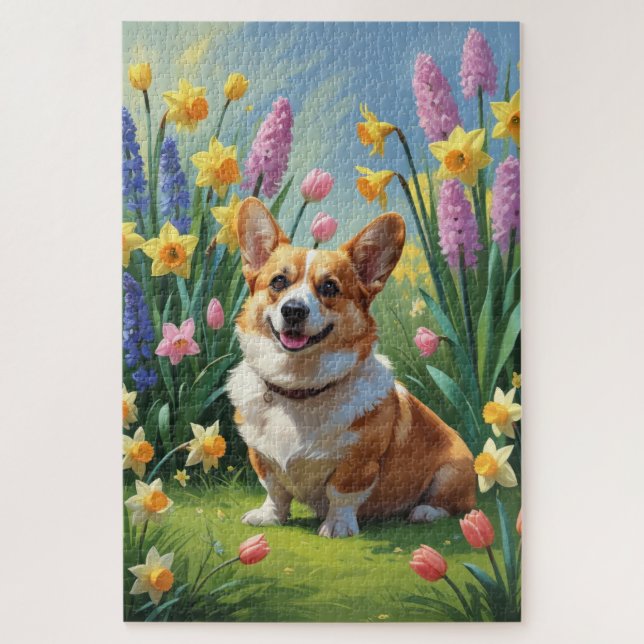 Corgi-Hund-Frühlingsblumen-Malerei  (Vertikal)