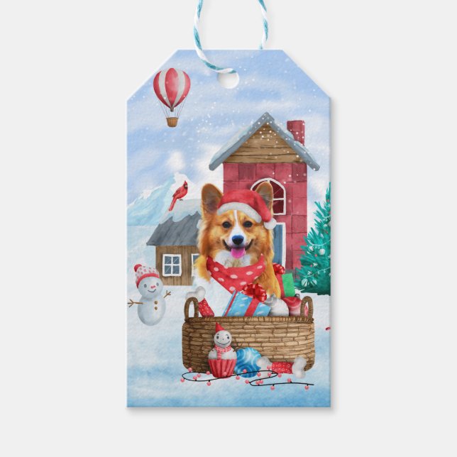 Corgi Hund im Schnee Weihnachtshundehaus Geschenkanhänger (Vorderseite)