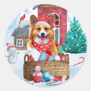 Corgi Hund im Schnee Weihnachtshundehaus Runder Aufkleber