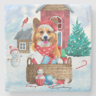 Corgi Hund im Schnee Weihnachtshundehaus Steinuntersetzer