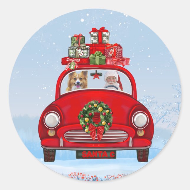 Corgi Hund in Auto mit dem Weihnachtsmann Runder Aufkleber (Vorderseite)