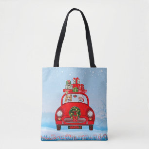 Corgi Hund in Auto mit dem Weihnachtsmann Tasche