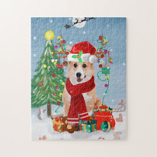 Corgi Hund in Schnee mit Weihnachtsgeschenken (Vertikal)