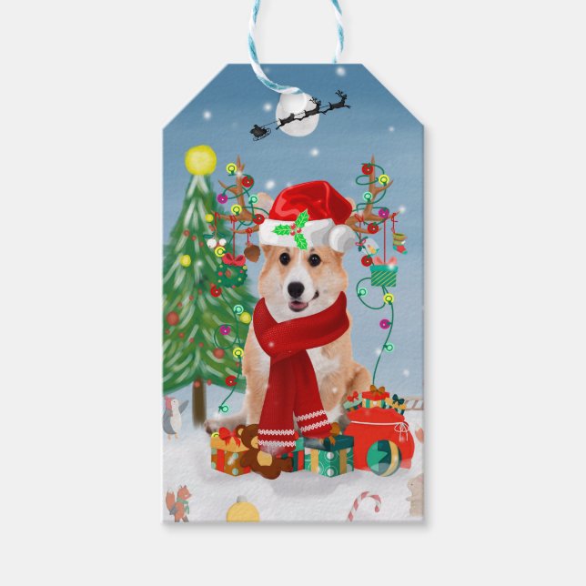 Corgi Hund in Schnee mit Weihnachtsgeschenken Geschenkanhänger (Vorderseite)