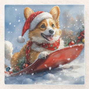 Corgi Hund in Sledge Let it Snow Weihnachten Glasuntersetzer