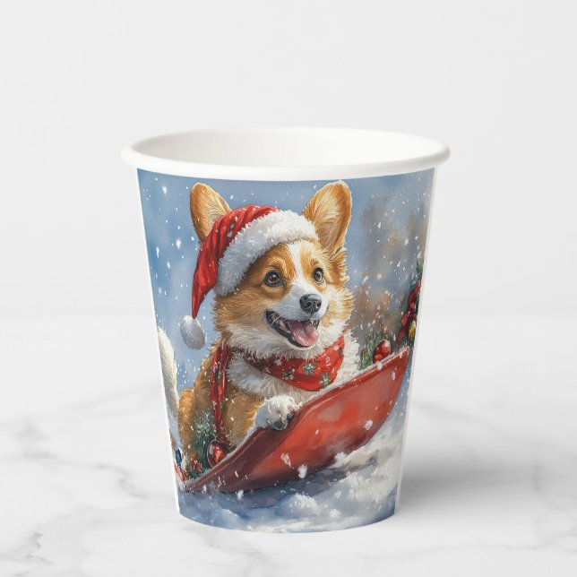 Corgi Hund in Sledge Let it Snow Weihnachten Pappbecher (Vorderseite)