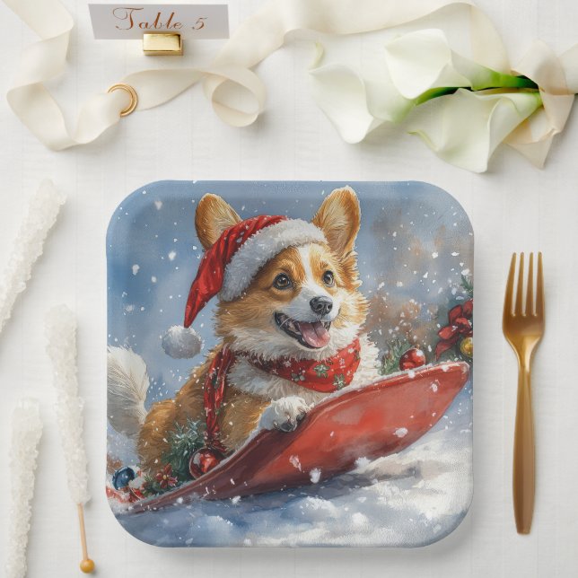 Corgi Hund in Sledge Let it Snow Weihnachten Pappteller (Hochzeit)
