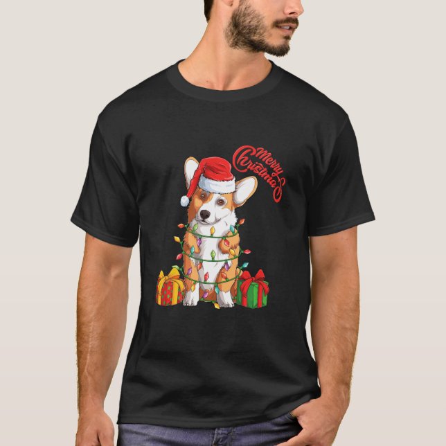 Corgi Hund in Weihnachtsmannmütze sitzen Weihnacht T-Shirt (Vorderseite)
