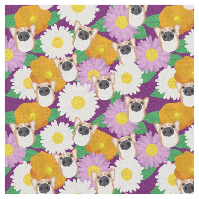 Corgi Hund mit Blume Lila Gemustert Stoff (Nahaufnahme)