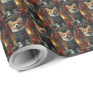Corgi-Hund mit Weihnachtsgeschenken am Kamin Geschenkpapier