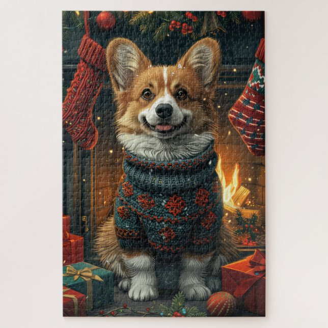 Corgi Hund mit Weihnachtsgeschenken Feuerplatz (Vertikal)