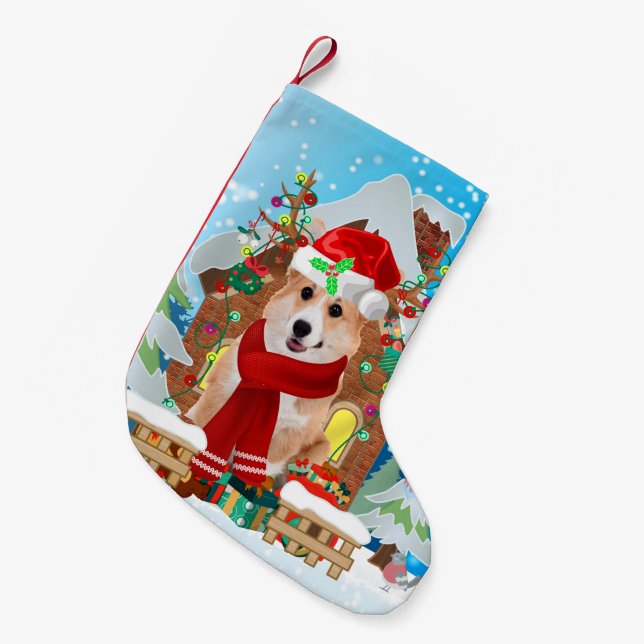 Corgi Hund mit Weihnachtsgeschenken Kleiner Weihnachtsstrumpf (Vorderansicht (hängend))
