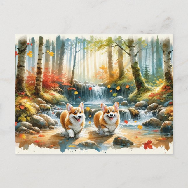 Corgi Hunde in einem Waldlauf mit Herbstfarben Postkarte (Vorderseite)