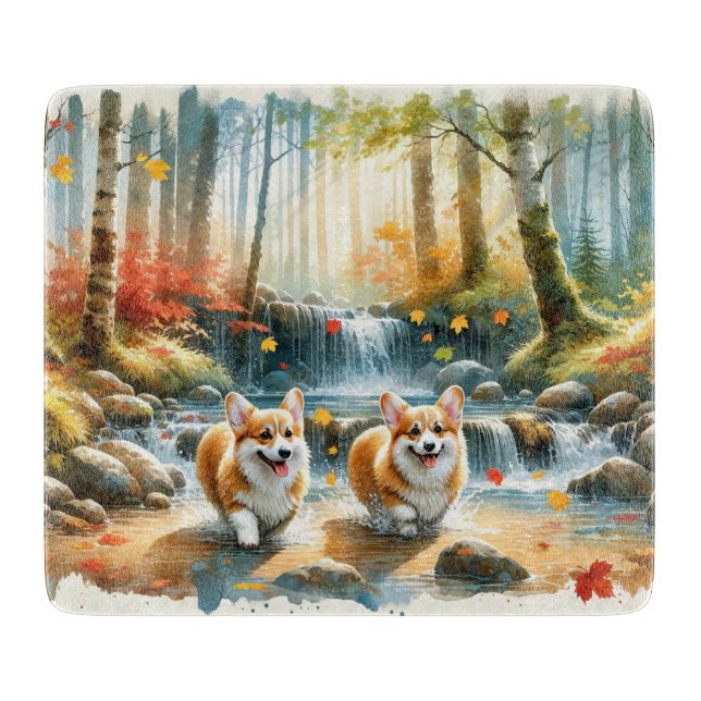 Corgi Hunde in einem Waldlauf mit Herbstfarben Schneidebrett (Vorderseite)