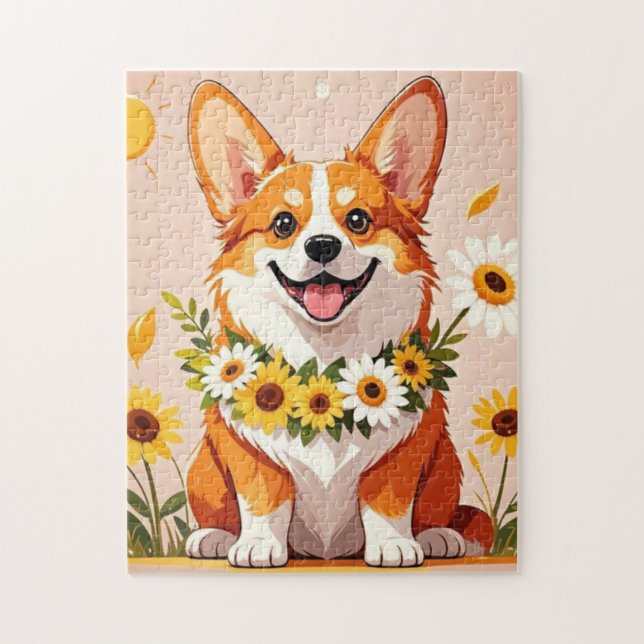 Corgi Hundenkrone mit Sonnenblumen Wanddekor (Vertikal)