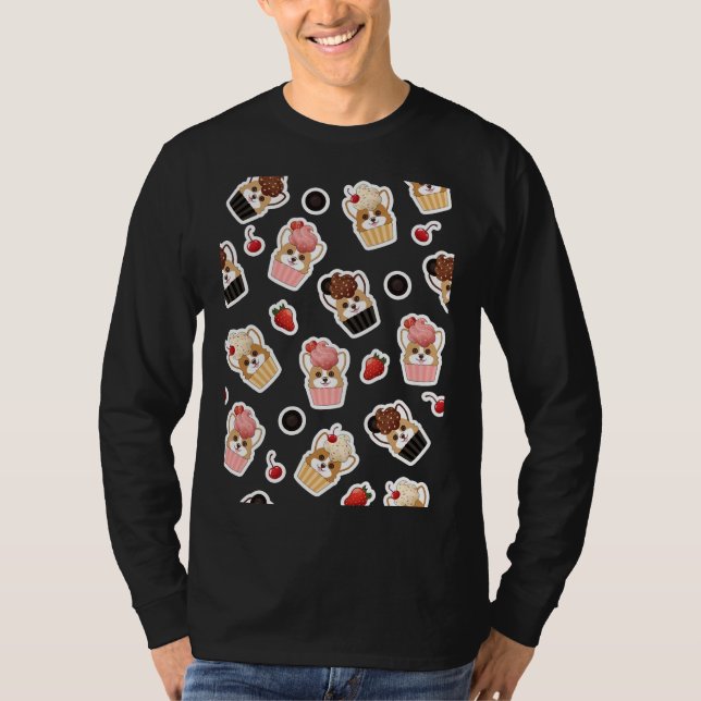 Corgi Ice Cupcake Muster T-Shirt (Vorderseite)
