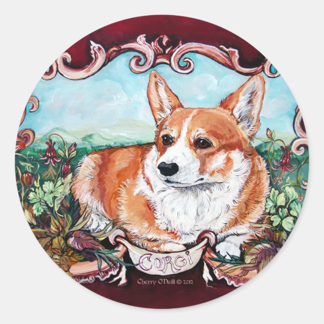 Corgi im Garten! Runder Aufkleber (Vorderseite)