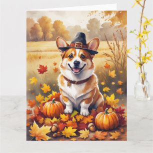 Corgi im Herbst hinterlässt Erntedank Kunst Karte