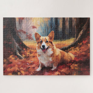 Corgi im Herbst inspiriert durch fallende Blätter